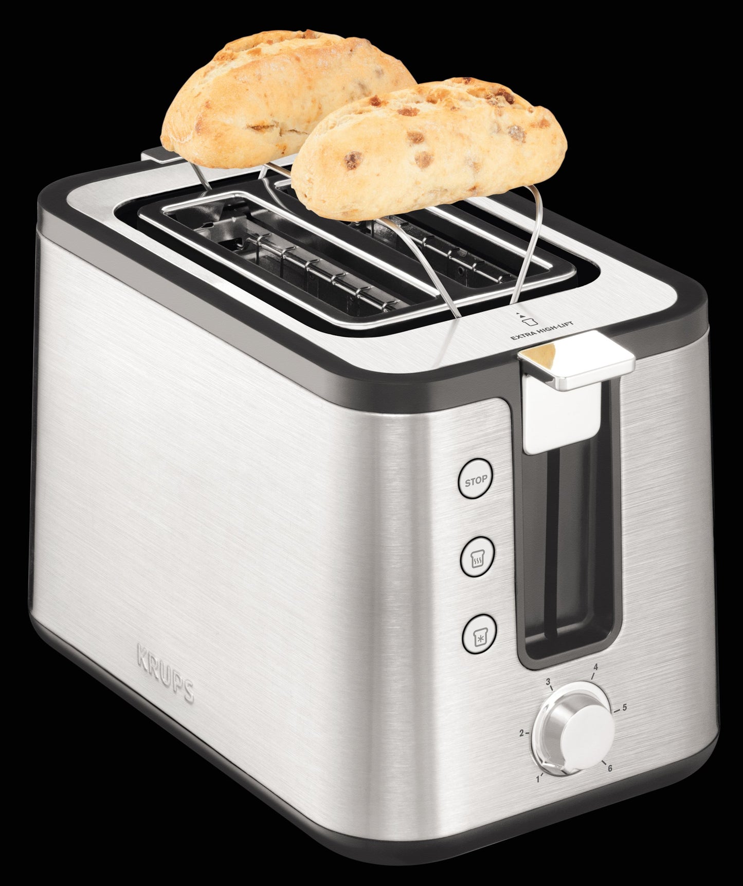 Krups KH442D Control Line Premium Toaster, stainless steel, 2 short slots for 2 slices, bun warmer, 6 browning levels, 850 W, 23.6 x 32.4 x 20.2 cm, silver/black.