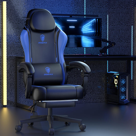 Dowinx Gaming Chair, Ergonomic Gamer Seat made of PU leather with lumbar support, massage function and wide backrest, up to 150 kg load capacity, Blue.