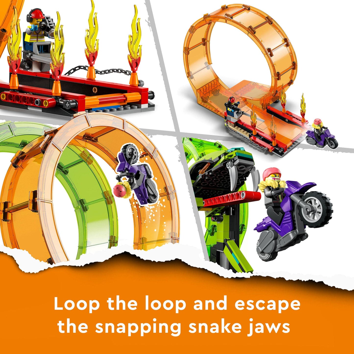 LEGO 60339 City Stuntz Stunt Show Double Loop Set, includes ramp, monster truck, 2 motorcycles, and 7 minifigures. Toy for kids ages 7 and up.