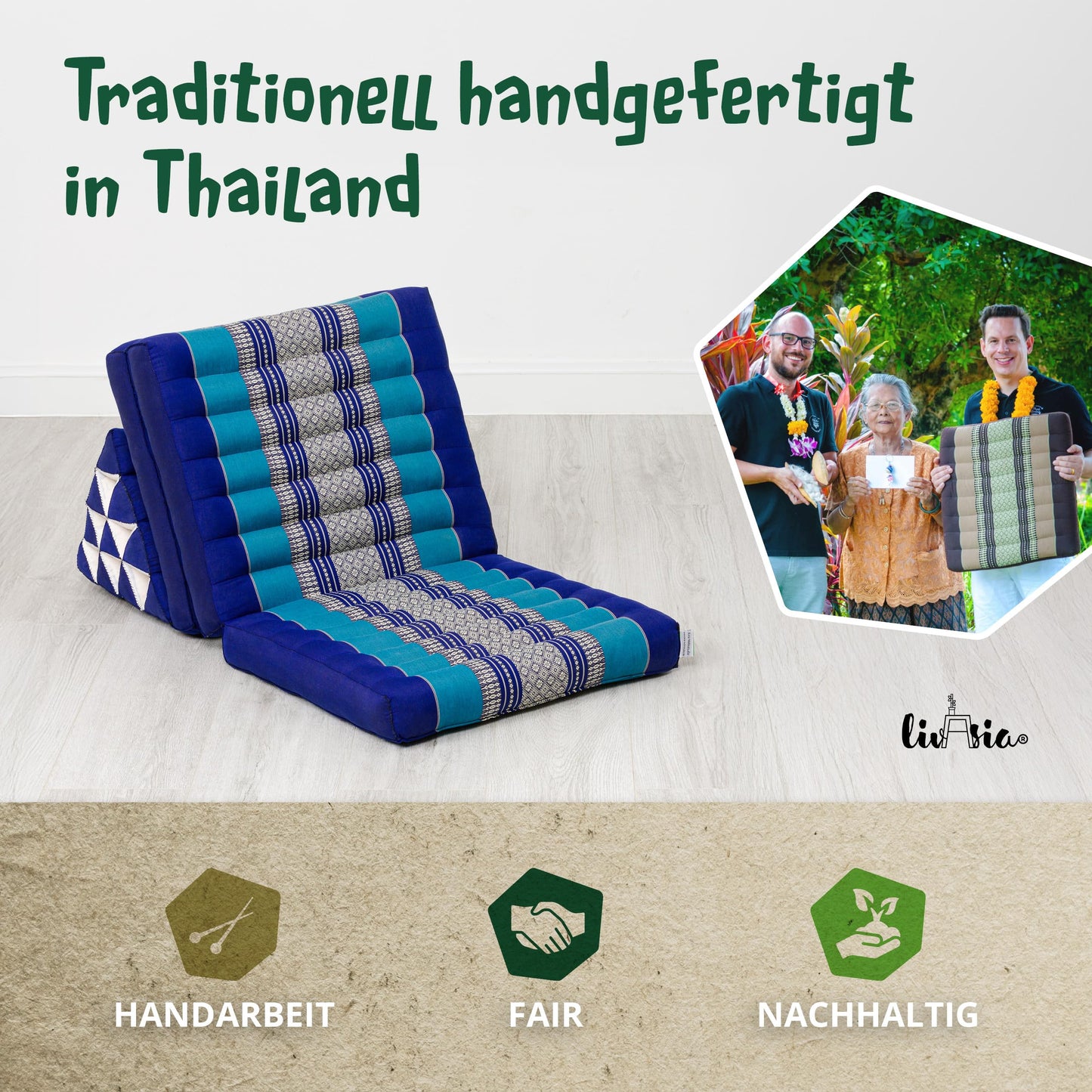 Livasia Thai pillow with 3 pads - 175x50x8cm - triangle pillow with folding mattress, wedge pillow Kapok, foldable back pillow, Thai mat for folding, handcrafted, meditation pillow (Blue)