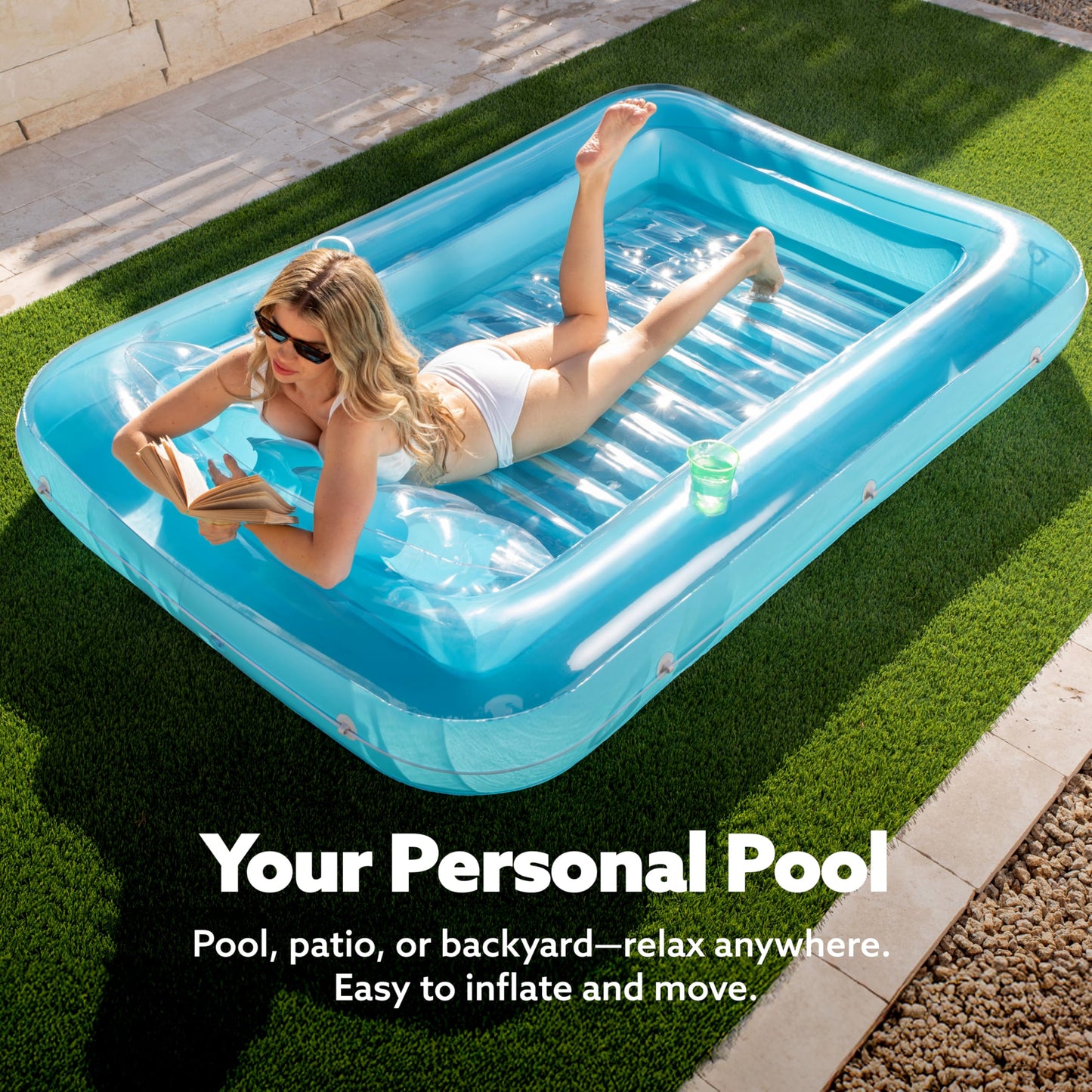 Sloosh 85" x 57" / 2.1 x 1.4m Inflatable Sun Pool Tanning Pool, Air Mattress Pool, Sunbathing with Removable Pillow, Water Pool for Adults, Summer Fun, Water Party - Blue