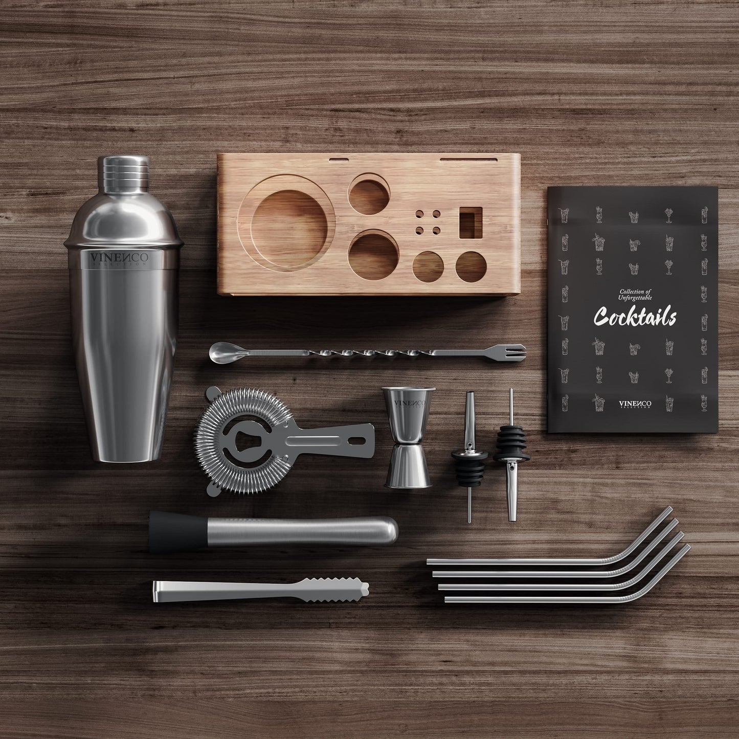 Cocktail shaker set with stand & recipe book: Premium stainless steel bar cocktail set cocktail shaker jigger straws bar spoon muddler | Bartender bar set cocktail accessories gift women men