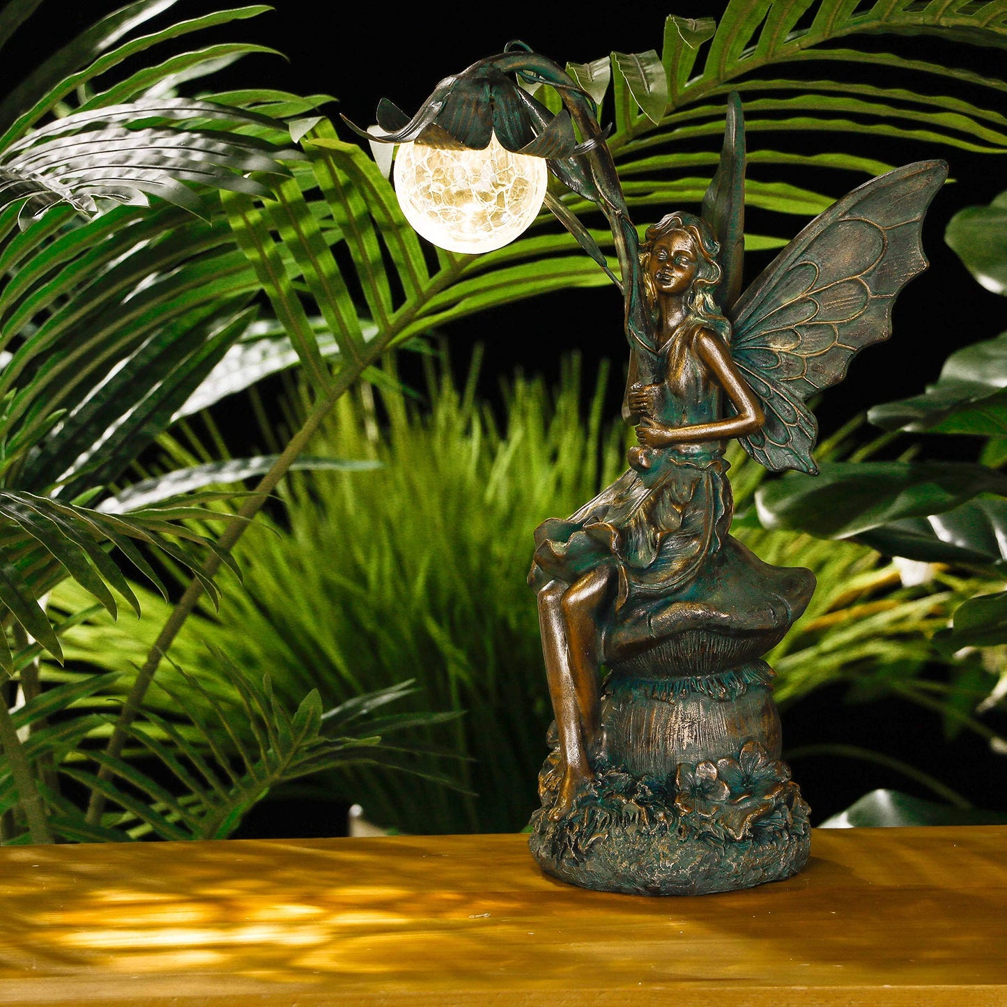 TERESA'S COLLECTIONS Outdoor garden decor, garden statues for outside, 35cm sitting fairies with solar glass ball lighting made of polystone, bronze fairy statue solar fairy.