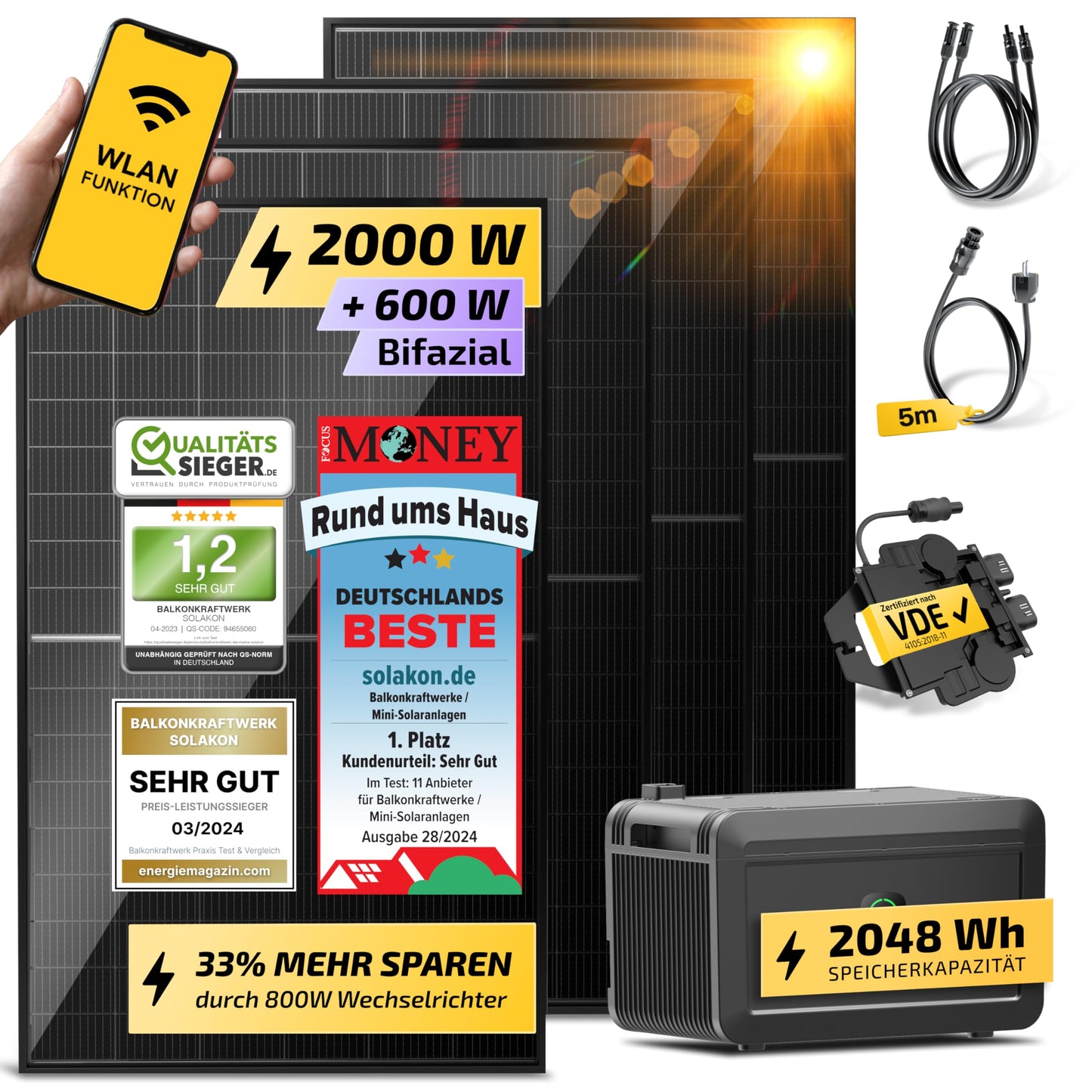 Solakon® Balcony Power Plant 2000W with storage - Balcony power plant 2000 watts complete with outlet & 800W inverter - Solar system complete set - 4x500W PV modules & 2kWh storage for balcony power plant.