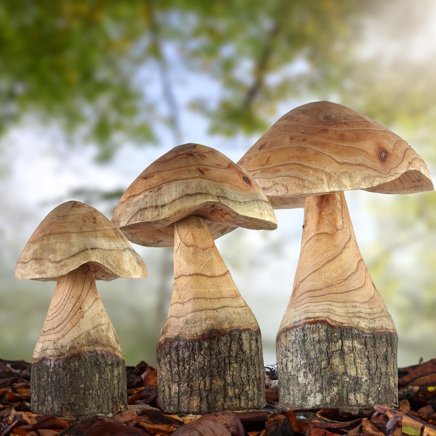 ART-CRAFT Natural wooden mushroom decoration set with 3 hand-carved mushrooms 35-30-25 cm tall - For balcony, terrace, garden.