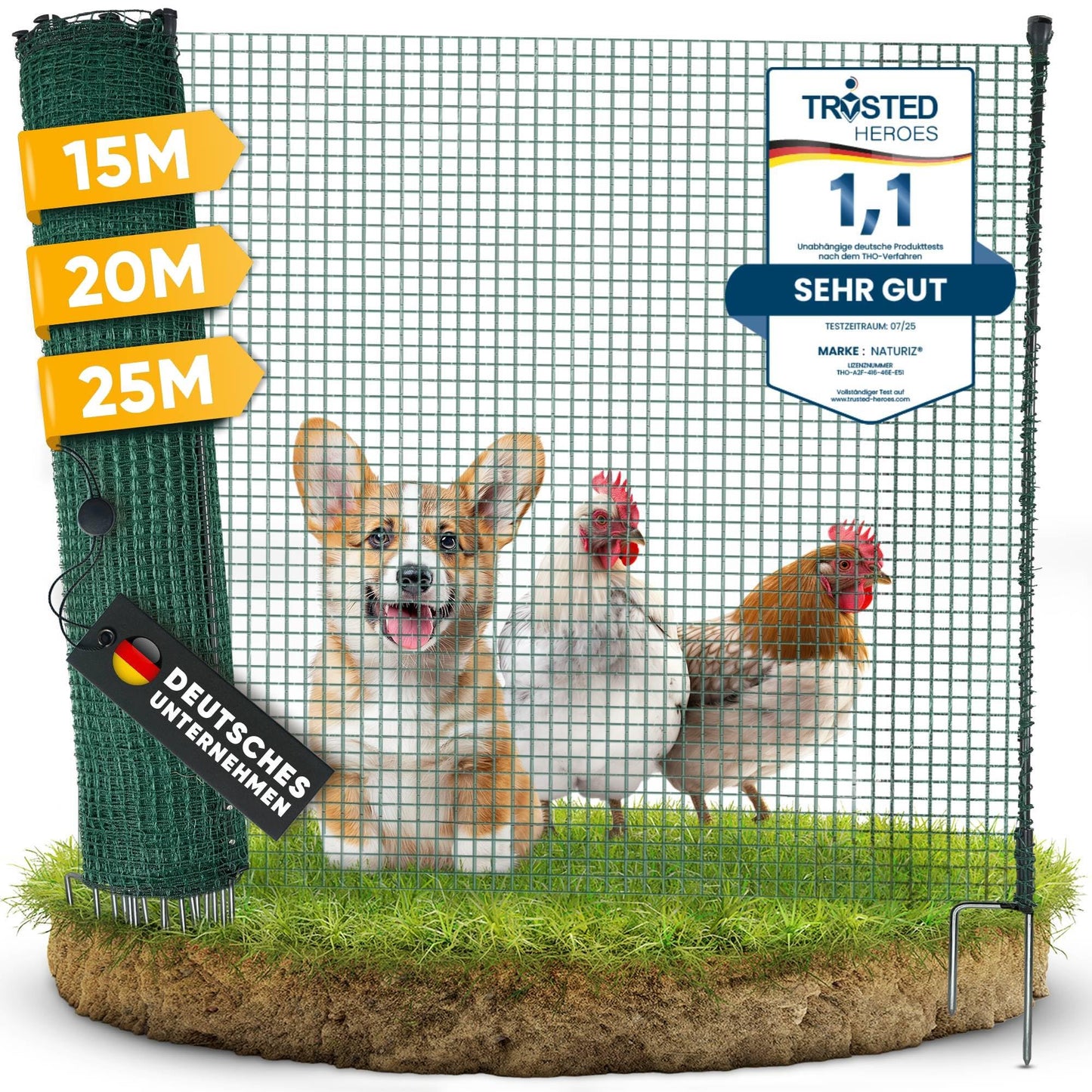 NATURIZยฎ Mobile Dog Fence & Pasture Fence 20m - Camping Fence for Dogs without Electricity, Boundary Fence, Garden Fence, Chicken Fence extremely stable, 90cm high (20m)