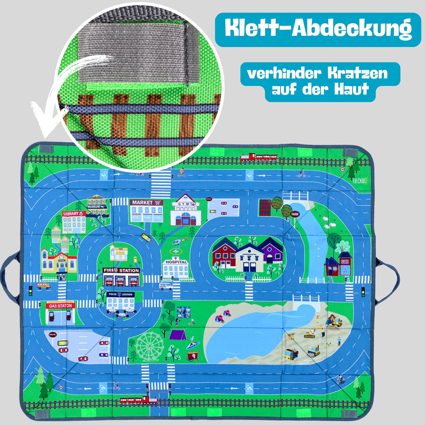 HECKBO 4-in-1 Car Organizer and Play Mat - Kids Toy Storage Box - Foldable mat with street design - Securely attaches in car, 91cm x 72cm.