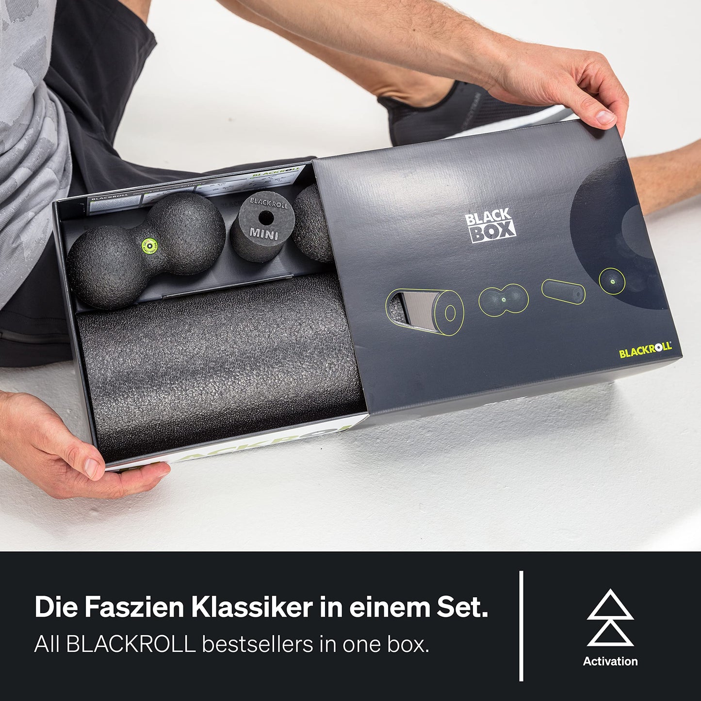 BLACKROLL® BLACKBOX fascia rollers for self-massage: Set includes STANDARD and MINI fascia rollers, BALL 08 fascia ball, and DUOBALL 08 for effective training. Made in Germany.