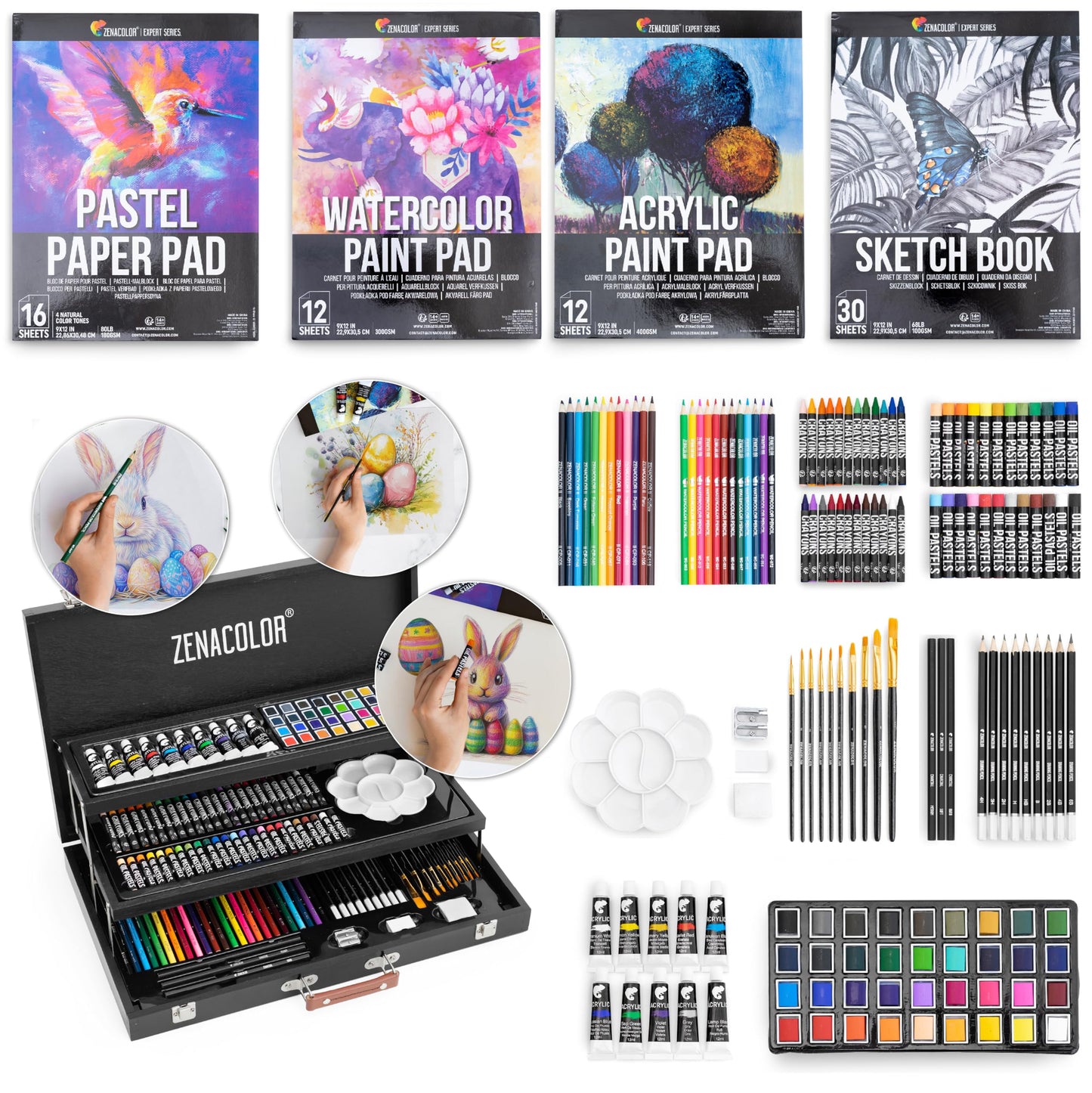 Zenacolor art set for adults (XXL) - 150-piece wooden case painting kit for artists - complete drawing and painting set - pastel chalk, acrylic paints, wax crayons, watercolor paints, pencils - 4 blocks