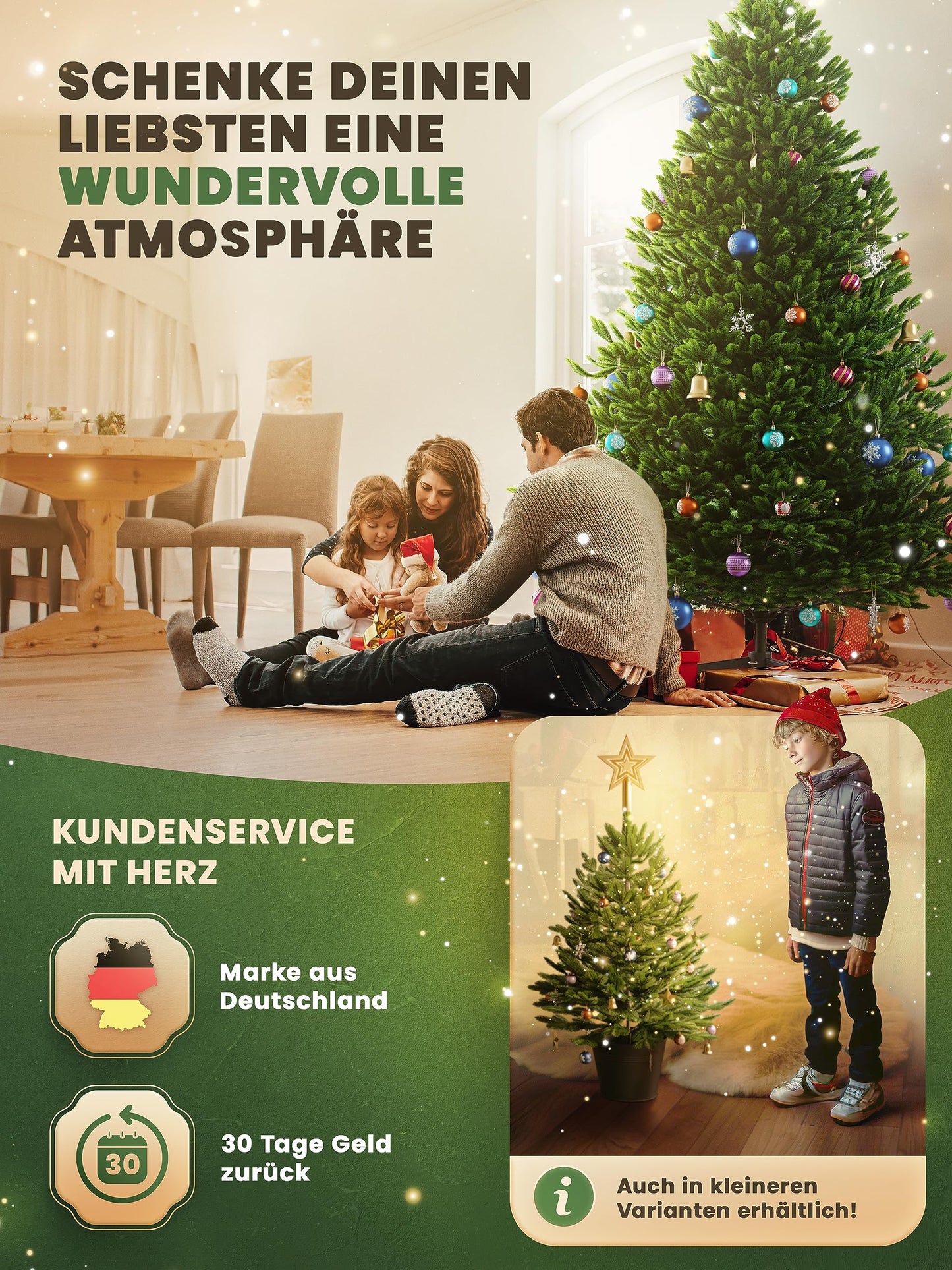 Artificial Christmas tree 180cm - 100% injection-molded Nordman fir with LED lights | Premium lifelike tannenbaum including FSC wood stand & storage bag.