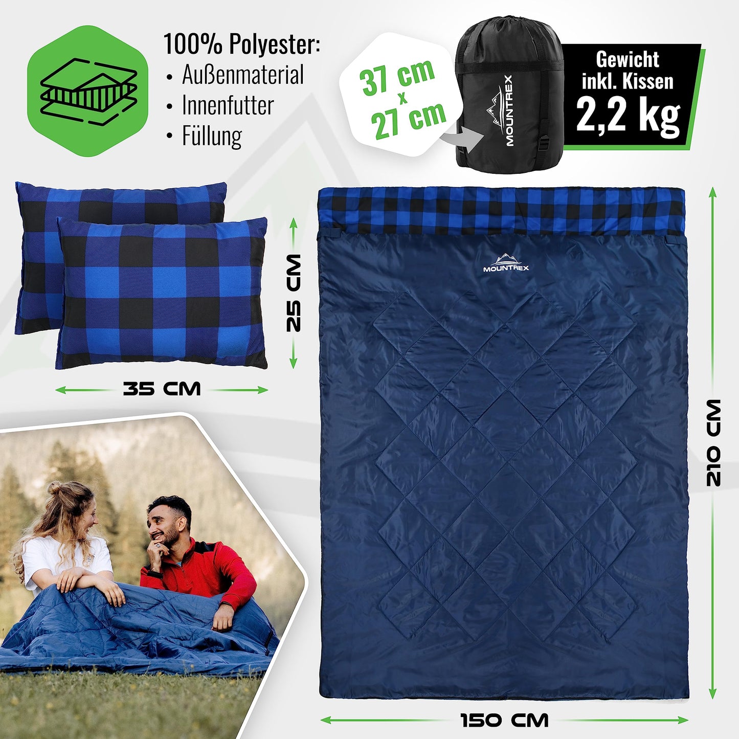 MOUNTEX Double sleeping bag - Summer sleeping bag for 2 people (210 x 150cm), Blanket sleeping bag - XXL summer sleeping bag with 2 pillows for adults - Camping, Outdoor & Indoor (Blue)