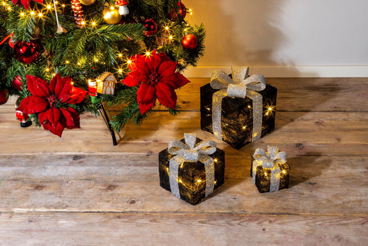 Bambelaa! 3-piece LED decorative gift light boxes with timer Christmas decoration Christmas decor illuminated decor Christmas black-silver
