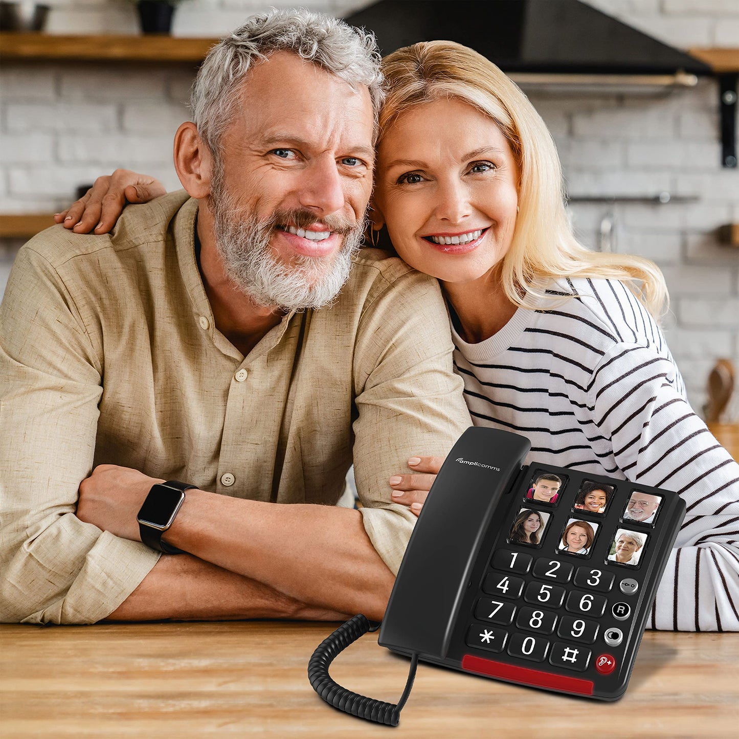Amplicomms BigTel 40 Plus, corded large button telephone with six photo speed dial buttons, audio boost +40dB, extra loud ringtones, hearing aid compatible.