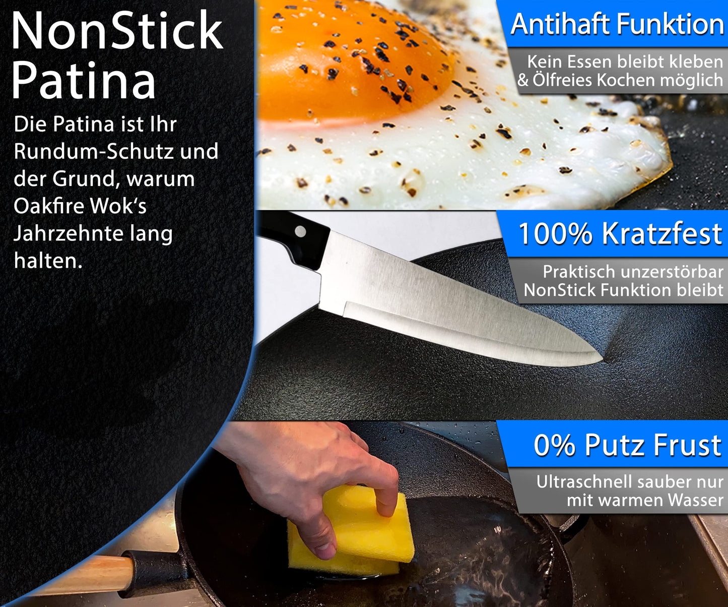 Oakfire cast iron wok pan 31cm with non-stick patina, lid & wooden handle - Large wok pan for induction - High-quality cast iron wok for induction cooker - The perfect wok for gas grill.