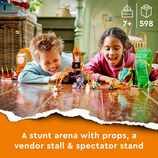 LEGO 60339 City Stuntz Stunt Show Double Loop Set, includes ramp, monster truck, 2 motorcycles, and 7 minifigures. Toy for kids ages 7 and up.