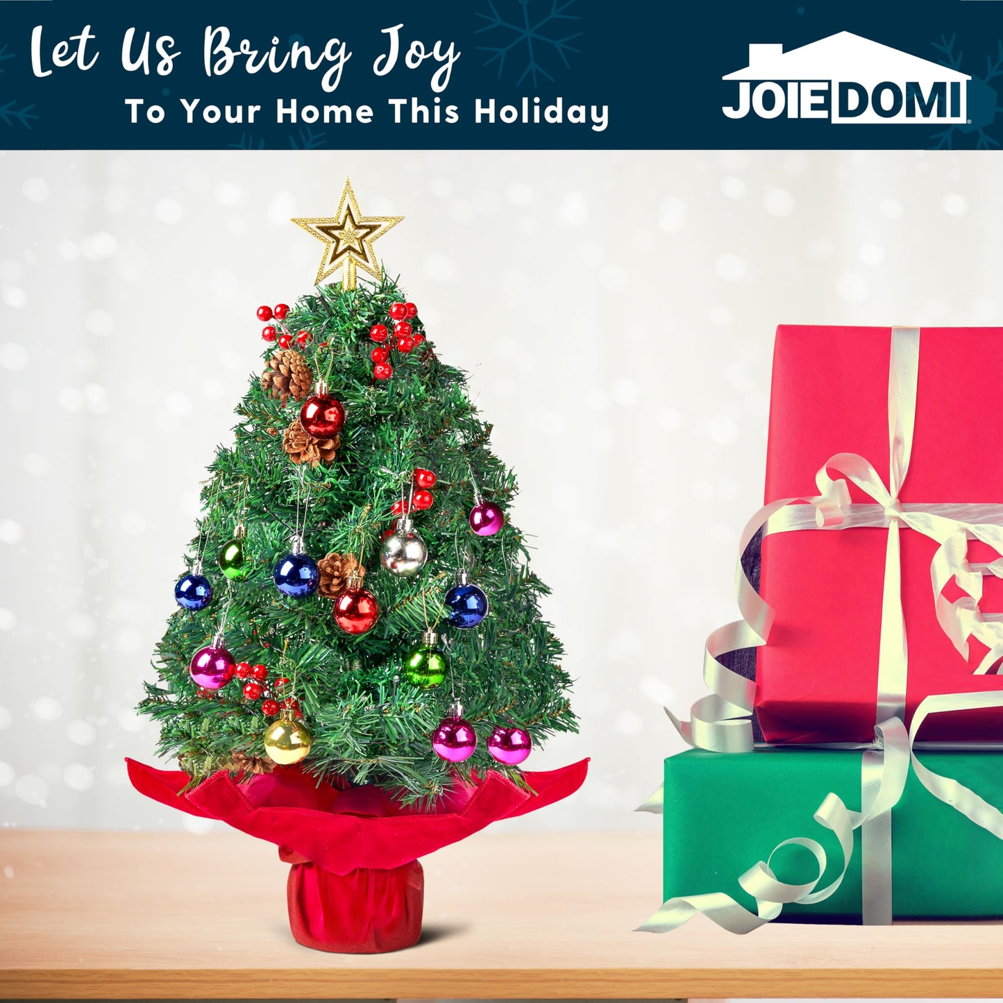 JOIEDOMI 24"/2FT Pre-lit Tabletop Christmas Tree with warm lights, holly berries, and pine cones for a beautiful Christmas decoration.