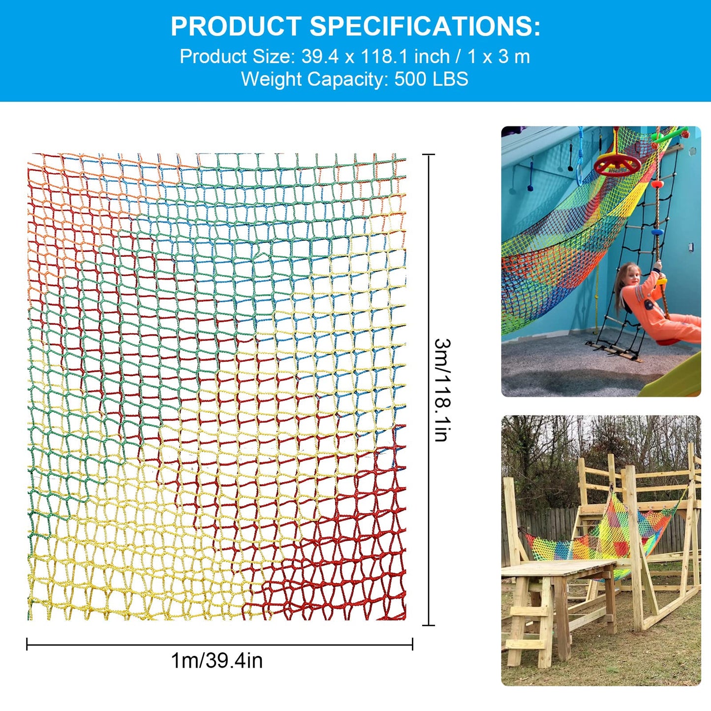 MENAYODA Climbing Net Playground, Heavy Duty Double Layer Safety Net Kids Climbing Frame Swing, Climbing Net Kids Fall Protection Net for Playground Outdoor Indoor Garden