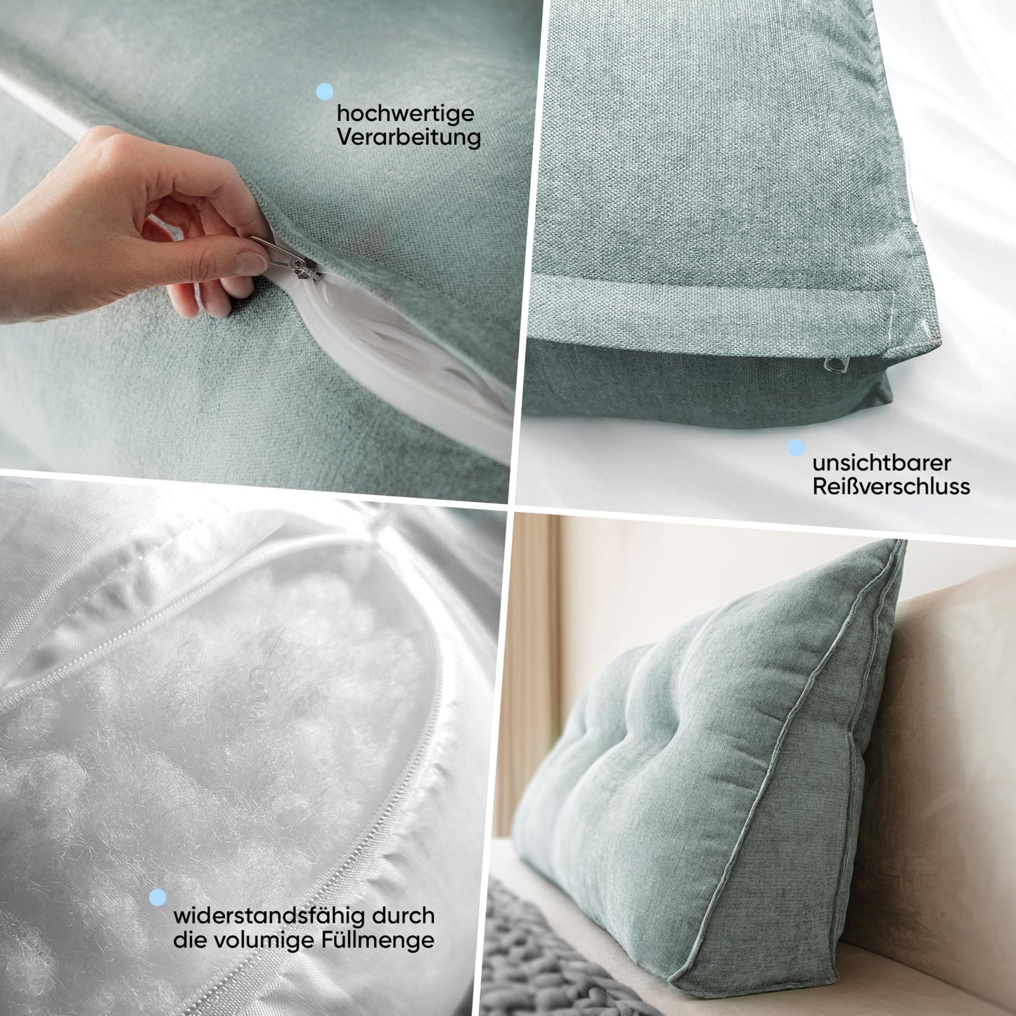 Bjorn & Schiller backrest cushion - reading pillow for bed and sofa, wedge cushion, backrest for the wall, seat cushion, wall cushion, large with washable cover (turquoise-gray, 70 cm)