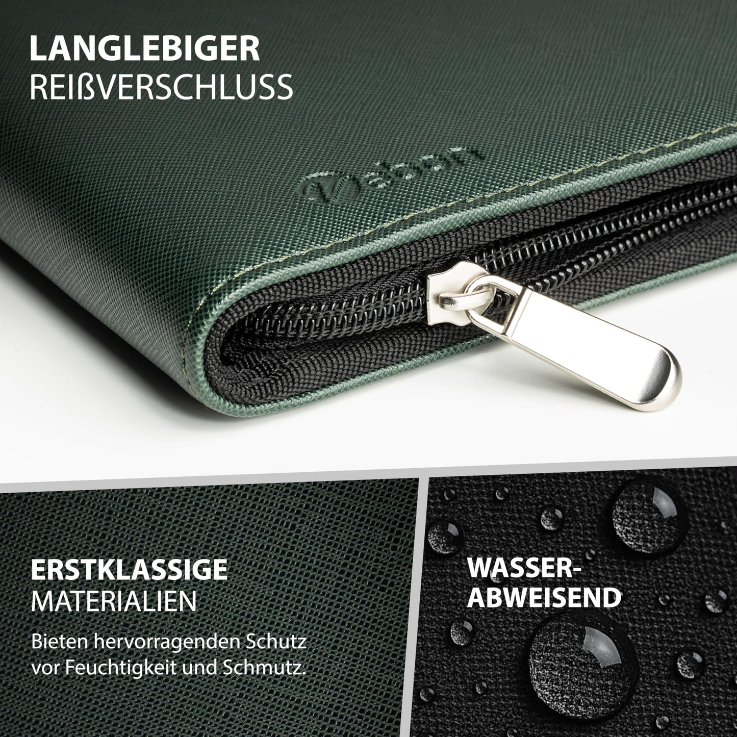 Vebon® A4 London Vegan Leather Conference Folder with Zipper I Portfolio + Laptop Bag I 2in1 I Green I Smartphone Holder + Clipboard
