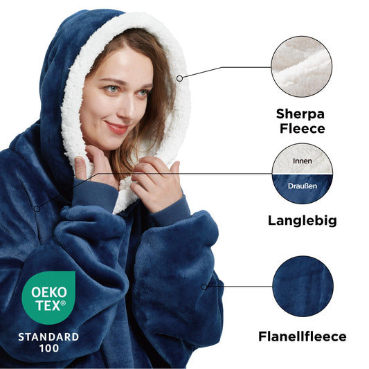 BEDSURE Hoodie Blanket with Sleeves and Hood - Sherpa Sleeve Blanket Sweatshirt for Women, Blue, 110x90cm.