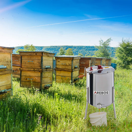 Arebos Premium Manual Honey Extractor | 4 Frame | Tangential Stainless Steel Extractor | Honey Extractor with Lid | Beekeeping and Beekeeper Accessories