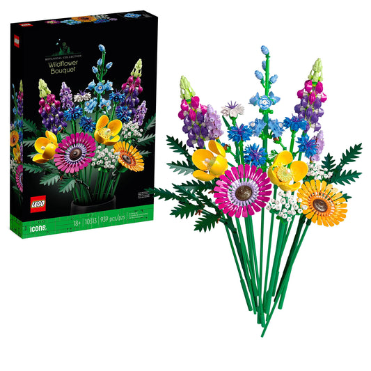 LEGO 10313 Icons Wildflower Bouquet Set, Artificial Flowers with Poppy and Lavender & 76421 Harry Potter Dobby the House Elf Set, poseable iconic character.