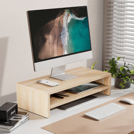 FITUEYES monitor stand with 2 levels, 54 x 25.5 cm, large computer laptop stand with storage for keyboards, desk organizer for home and office supplies, oak color.