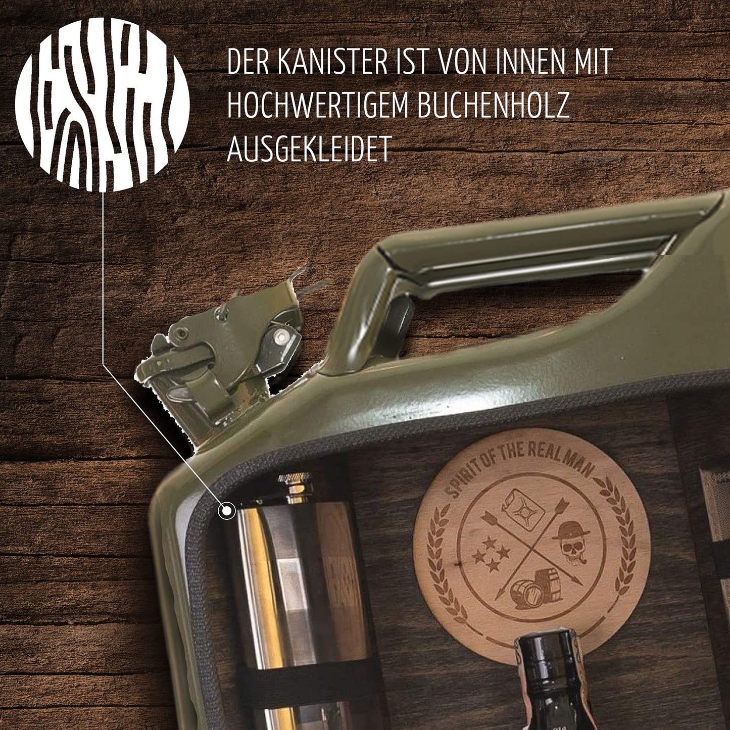 The men's bar for real men - canister as a men's gift/men's handbag with plenty of accessories like a hip flask, and more. *Jerry Can* | Birthday gift | Father's Day gift