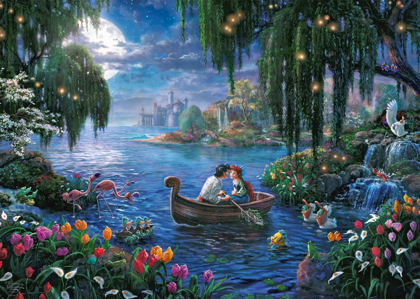 Schmidt Spiele 59480 Thomas Kinkade, Disney, Rapunzel, 1000 piece puzzle, and 57370 Thomas Kinkade, Disney, The Little Mermaid and Prince Eric, 1000 piece puzzle.