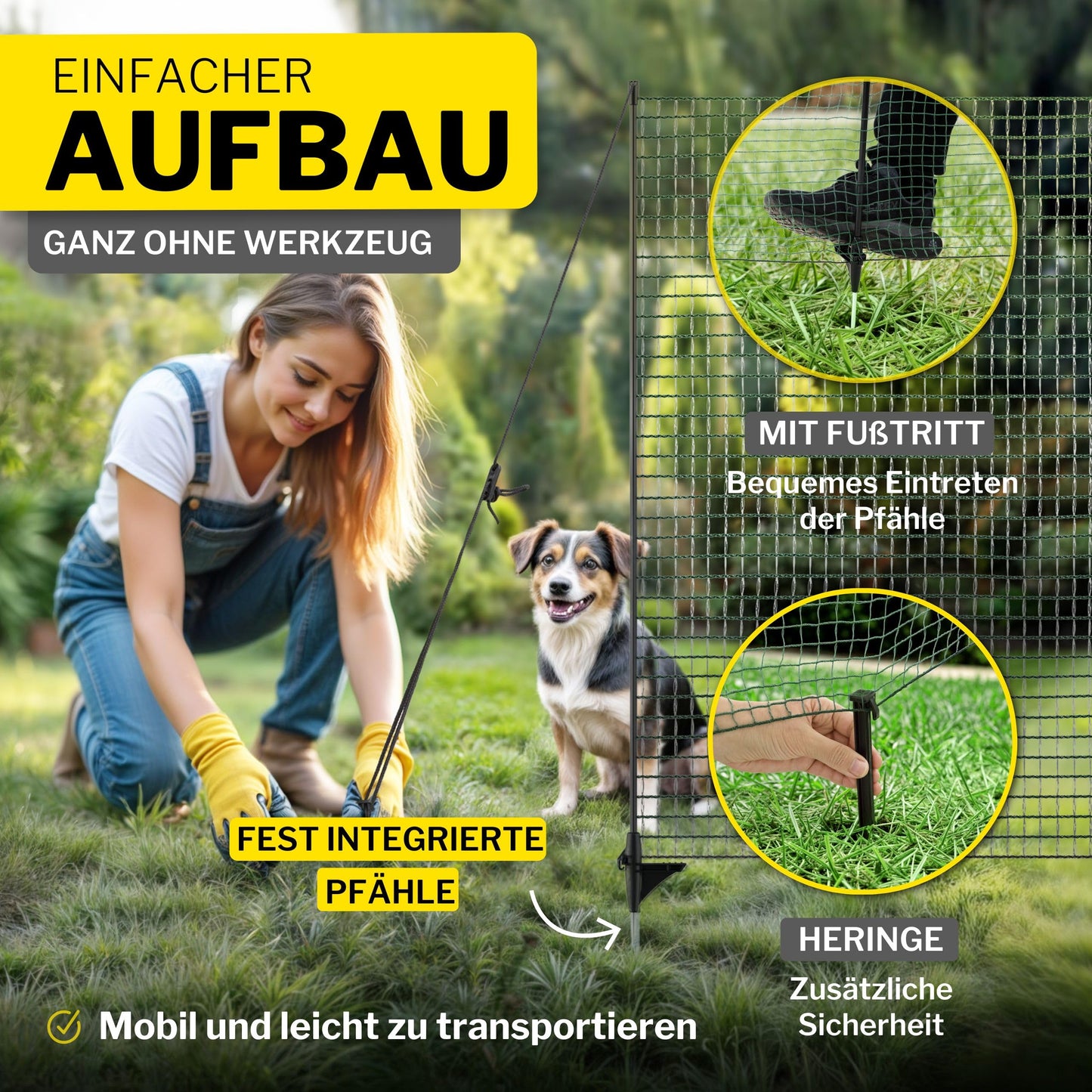 Fixed horizon boundary fence, mobile 15m long & 90cm high fence, close-knit, 9 poles, protection for garden beds, garden net, perfect for camping, dog fence, barrier fence, stake fence.