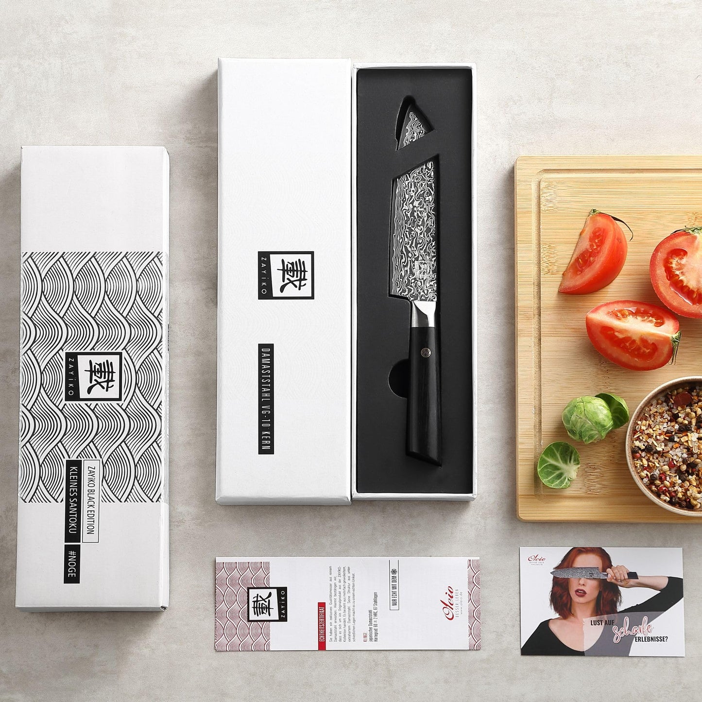 zayiko Black Edition Damascus knife small Santoku knife I 13 cm blade made of 67 layers of VG10 Damascus steel I Ergonomic Pakkawood handle I Premium kitchen knife for vegetables, meat & fruit I Gift box