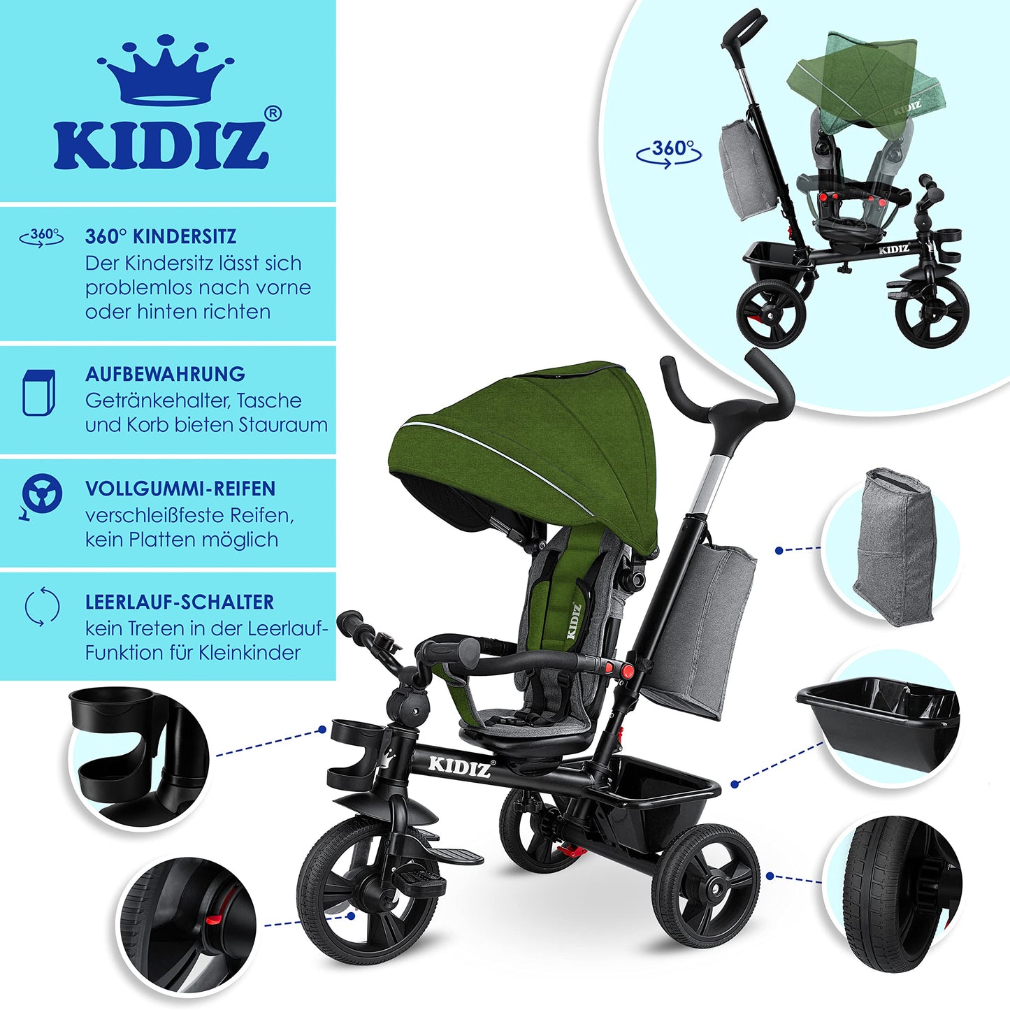 KIDIZ® 6in1 tricycle for kids with handlebar, suitable from 9 months up to 25kg. Jogger with forward & reverse drive, basket, bag, cup holder, sun canopy, rubber wheels. Foldable in khaki color.