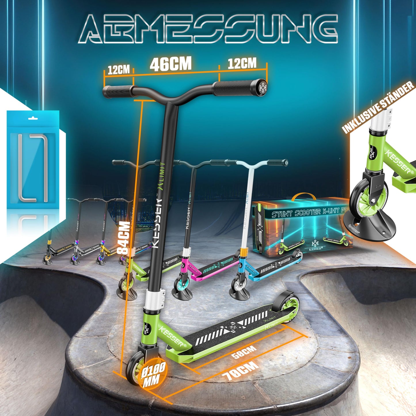 KESSER® Stunt Scooter X-Limit-Pro 360° steering fun scooter with stand, ABEC 9 bearings, 110mm PU wheels, kick scooter for children and adults.