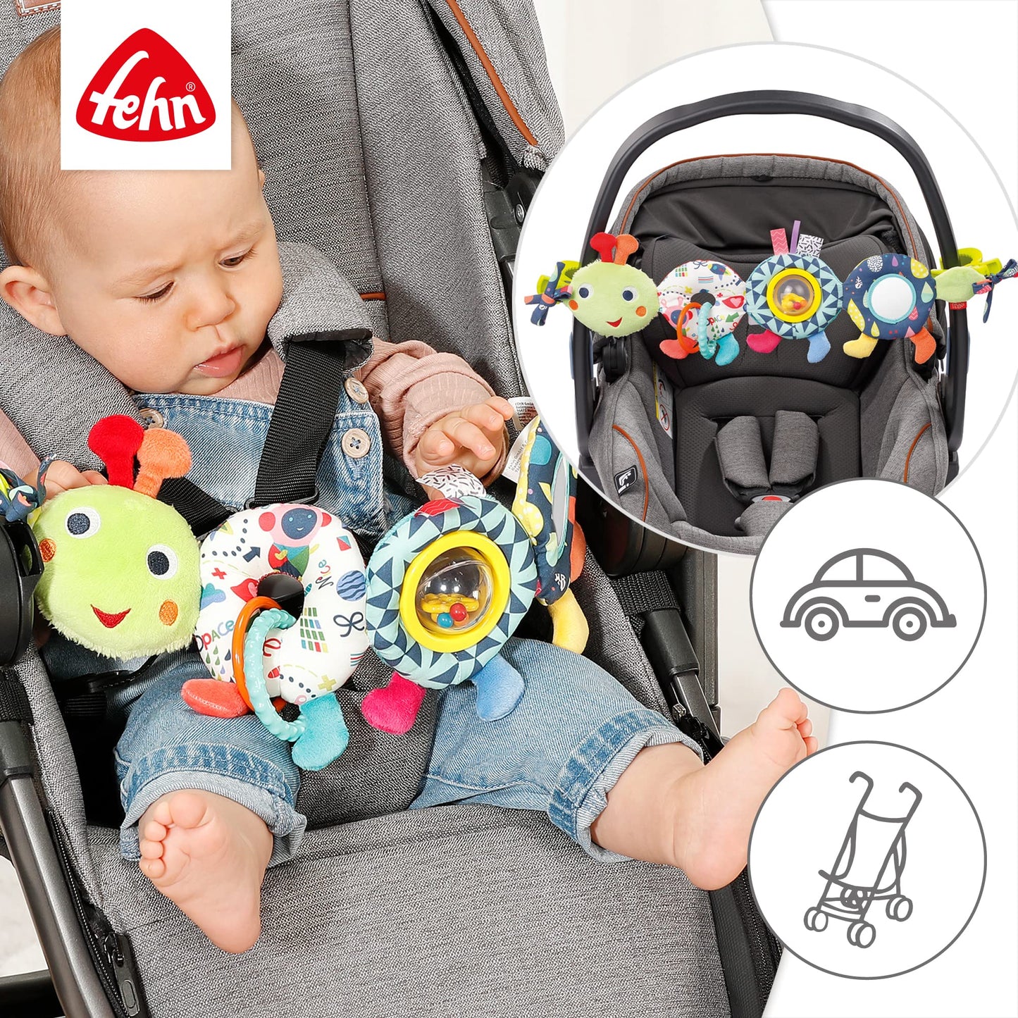 Fehn stroller chain baby mobile caterpillar COLOR Friends - Baby mobile chain with cute caterpillar figure - Baby toy for flexible hanging - stroller toy for babies and toddlers from 0+ months