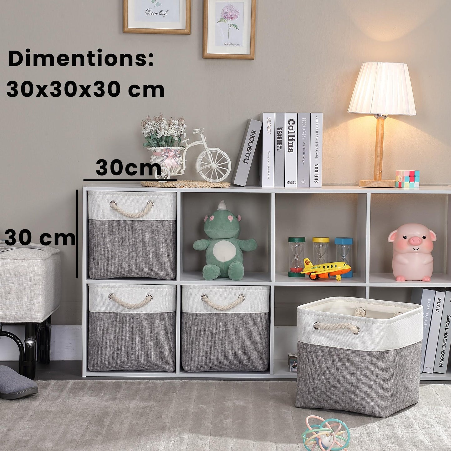 Mangata storage box fabric 30x30x30 cm, storage basket gray white, fabric baskets in cubes for wardrobe, shelf, and clothes, (Foldable, 4 pack)