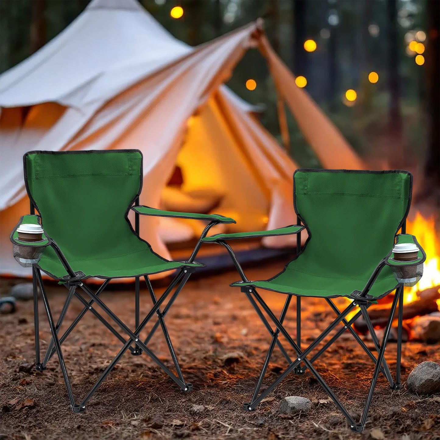 Folding camping chair with cup holder 2-pack - green - Portable camping chair with carrying bag - Foldable chair for festivals, leisure, garden, fishing - Supports up to 100kg.