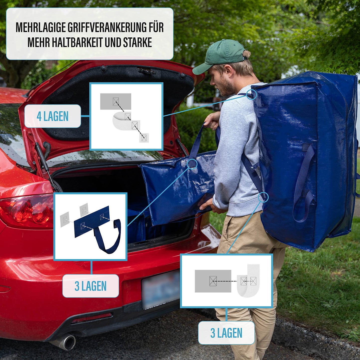 VENO 87-liter extra large moving bags with backpack straps, moving helpers, sturdy handles and zippers, clothes storage, laundry bags, reusable and sustainable (Blue, 10-pack)