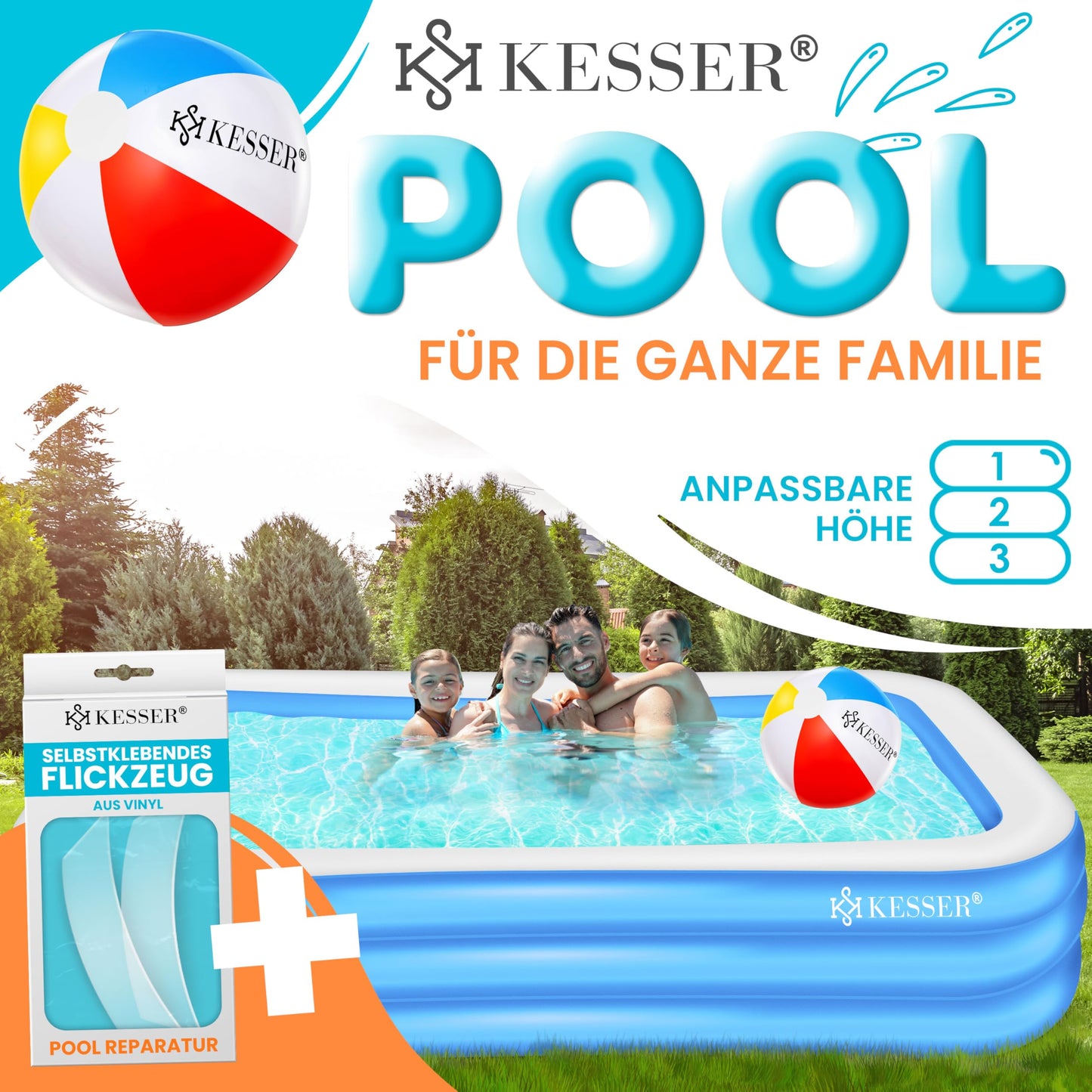 KESSER® Inflatable Pool Family Pool for children and adults Garden swimming pool Family swim pool Summer 305x183x56 cm Paddling pool 1180 liter volume Child-friendly Incl. Repair kit & Ball