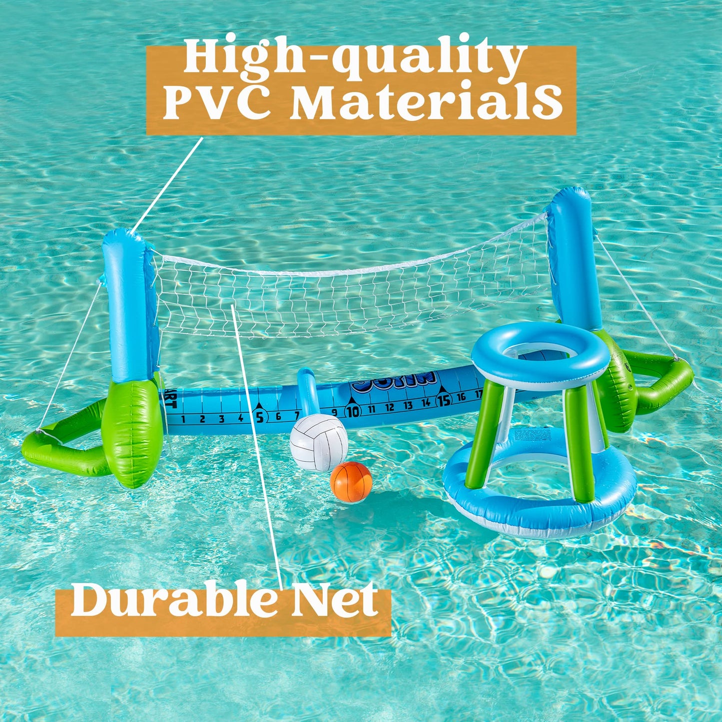 JOYIN Inflatable Pool Volleyball Set, Volleyball Basketball Hoops Pool Float Set, Floating Summer Floaties, Volleyball Pool Party Lounge Raft, Inflatable Party Swimming Game Toy.