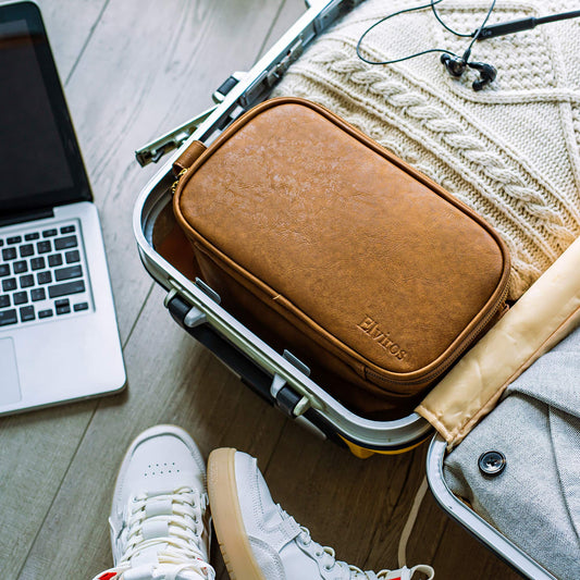 Elviros Men's Toiletry Bag, PU Leather Waterproof Travel Large Opening Toiletry Bag, Suitable for Travel, Business Trip, Gym, Bathroom, Khaki, Size: L