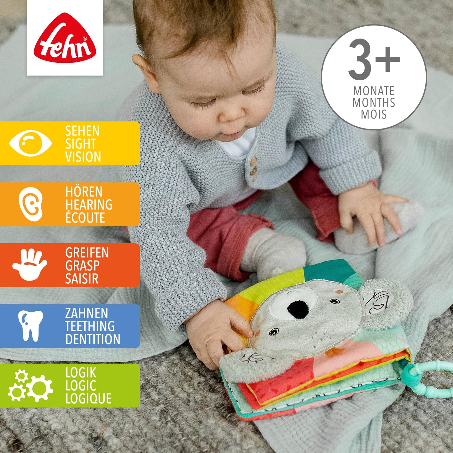 Fehn Fabric Book Baby Koala - Baby sensory book made of fabric - Baby toy book with squeaker, rattle and crinkle paper - Baby book with attachment ring - Fabric book for babies and toddlers from 3+ months.