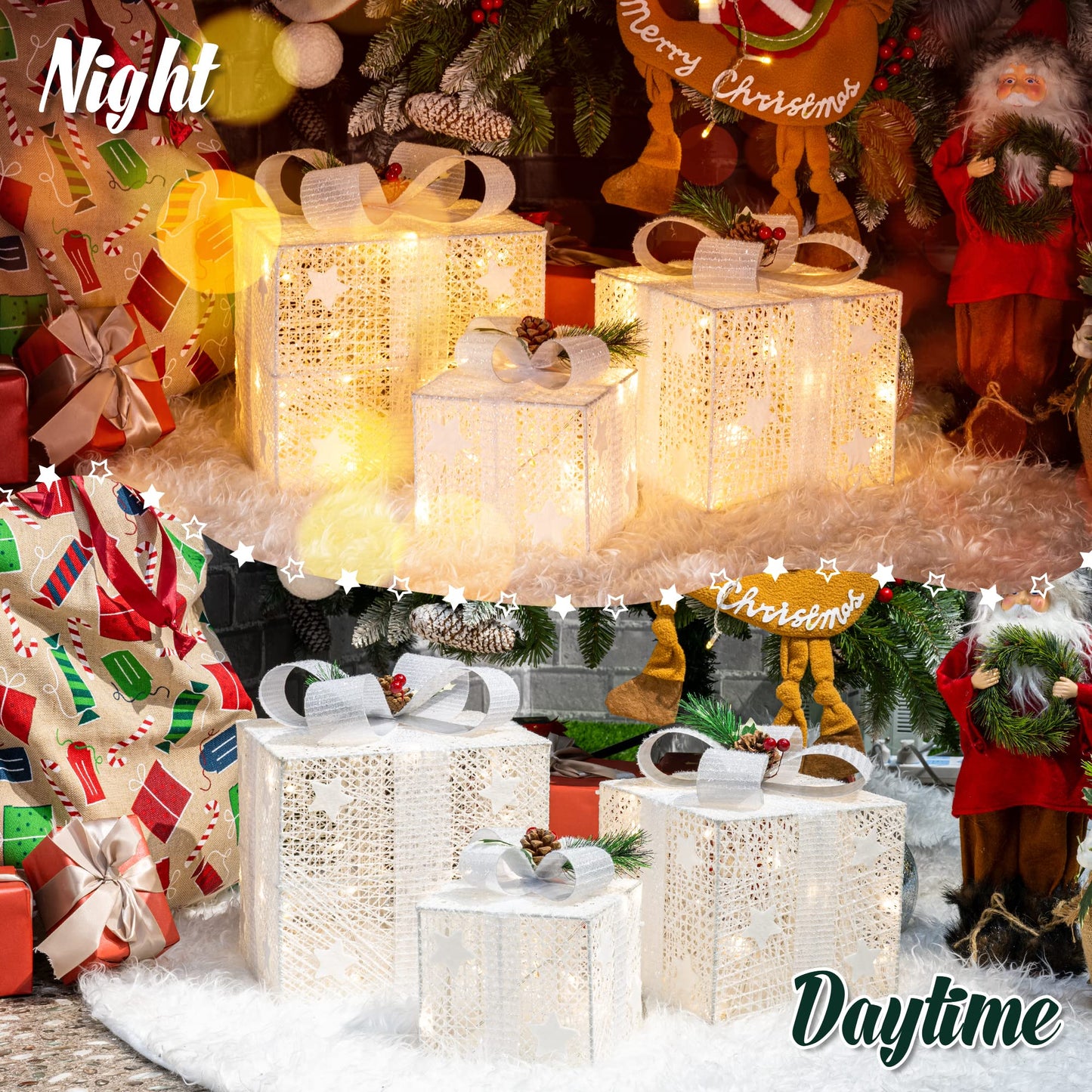 GIGALUMI LED Gift Box 3-Piece Set Christmas, 8 Modes 60 LED Glow Christmas Box, String Lights Lightbox with Plug for Indoor, White Christmas Decoration Xmas Decor Warm White