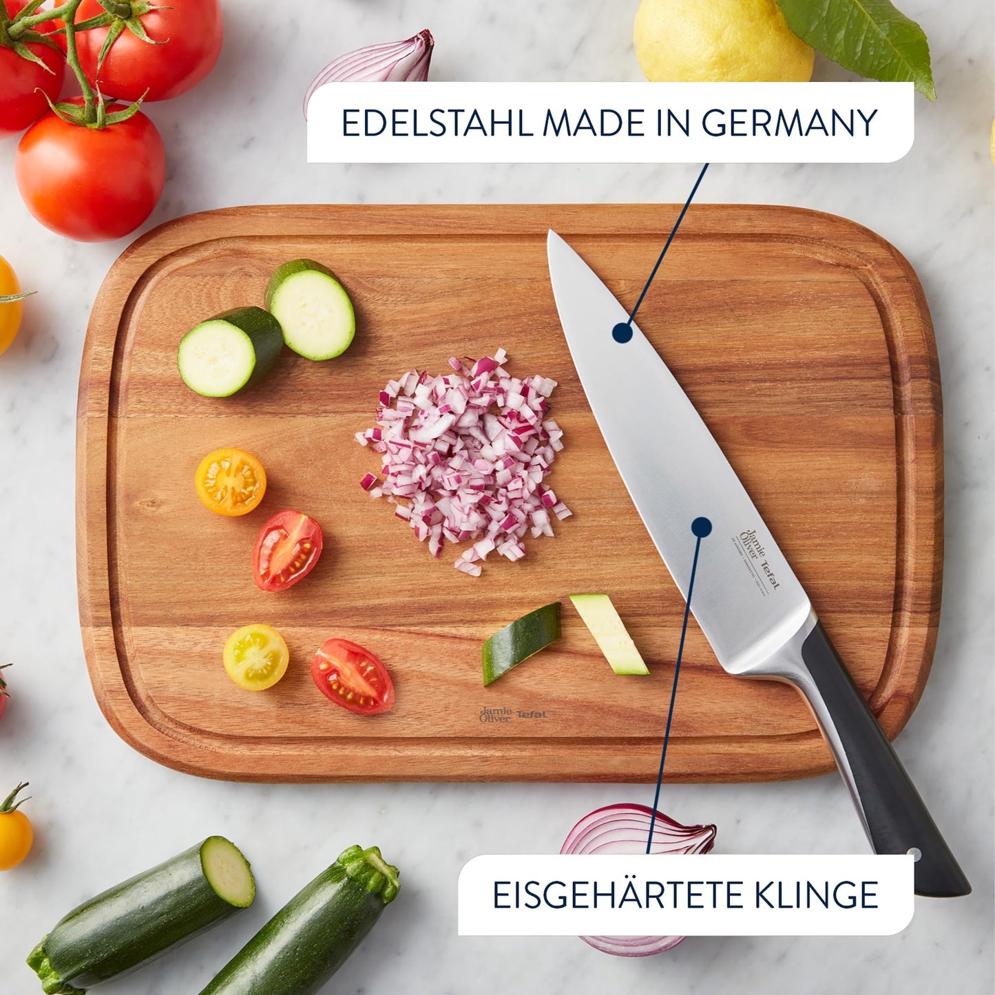 Jamie Oliver by Tefal 5-piece kitchen knife set + block, chef/santoku/bread/utility/paring knives, ice-hardened, German stainless steel blades, acacia wood block, Brown, K267S556