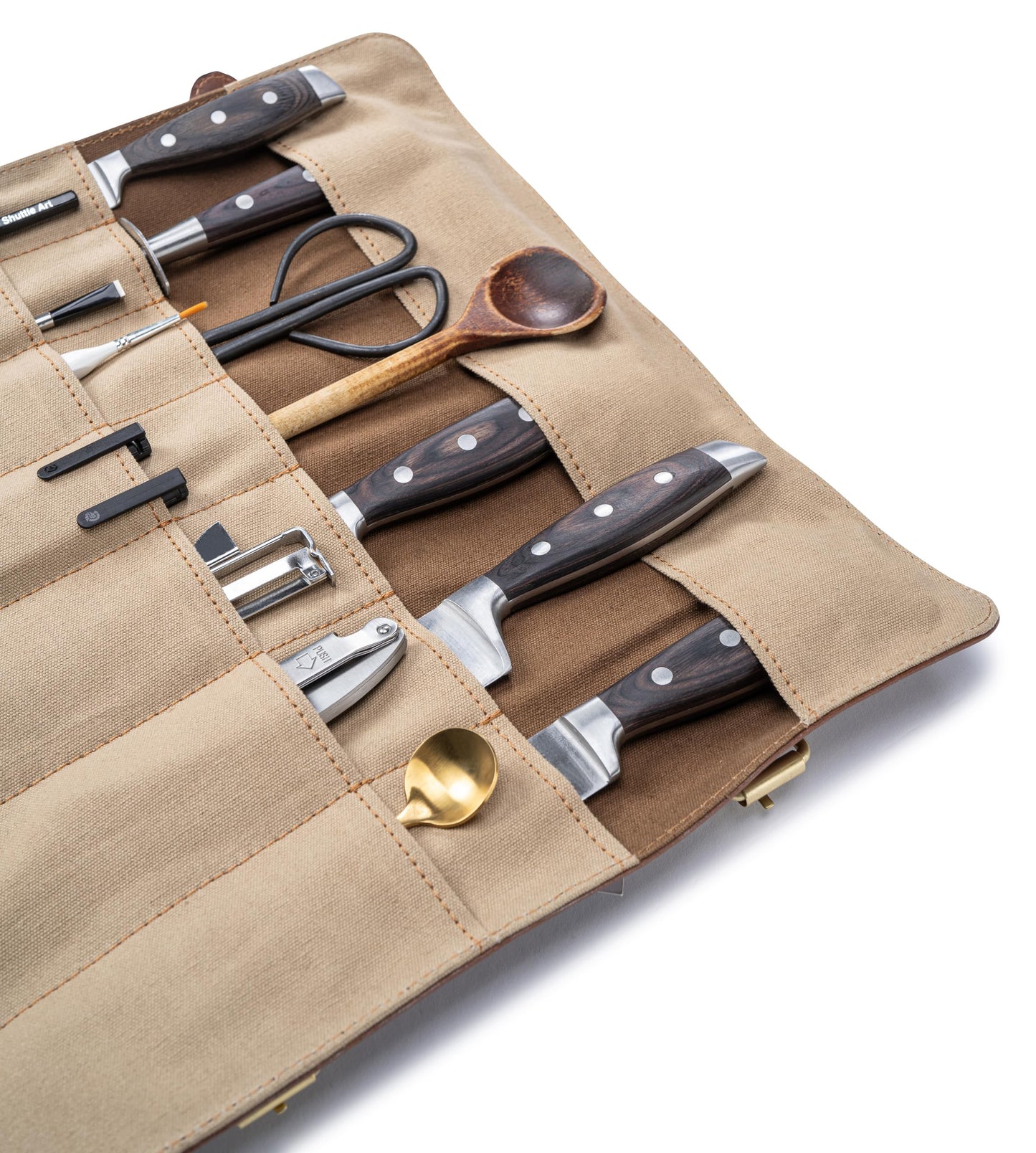 Angus Stoke Chef Knife Bag made of buffalo leather | 14-slot leather knife roll for chefs - Large Duplex Knife Bag (Brown)
