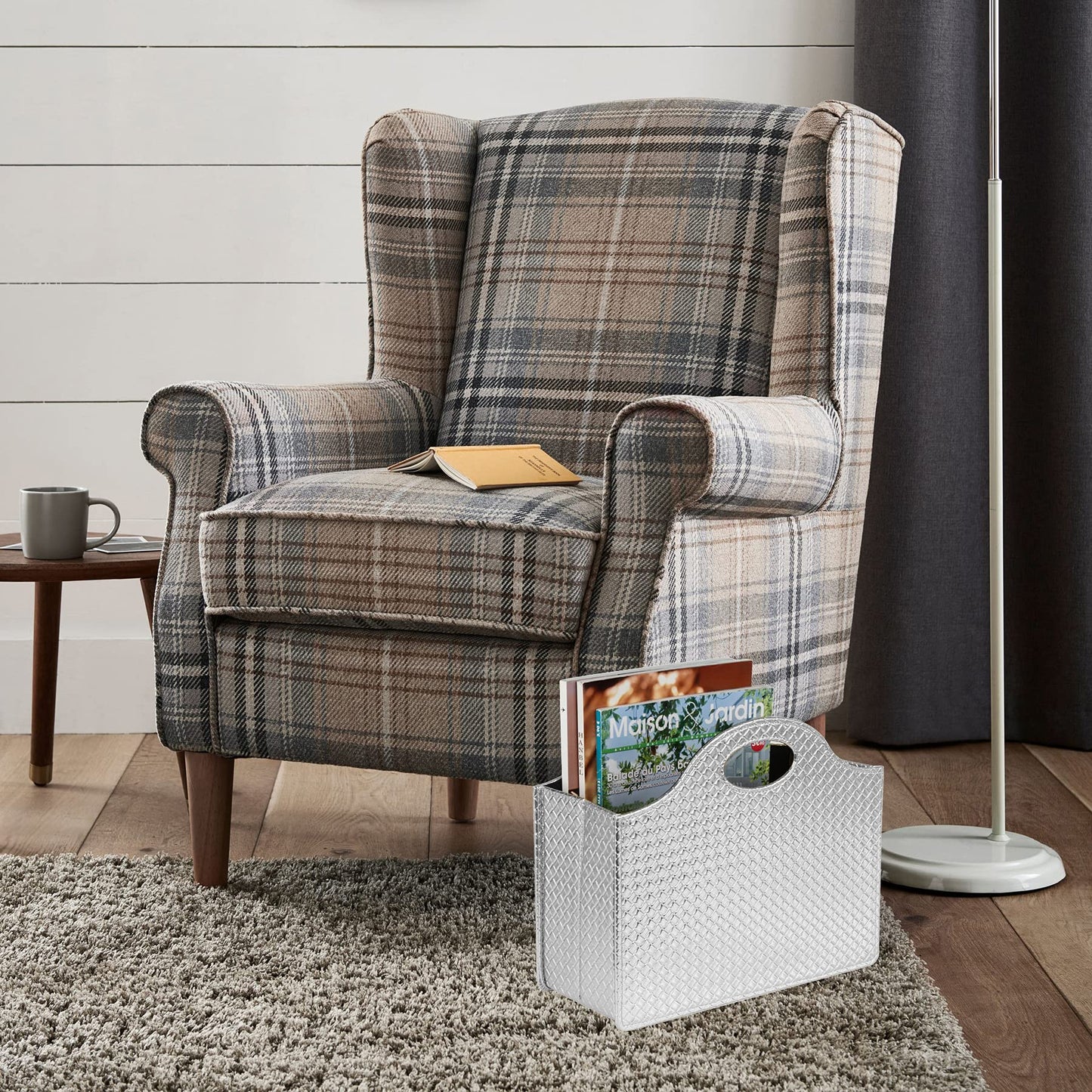 HofferRuffer magazine holder with handle, foldable PU leather magazine stand, document holder, magazine basket, newspaper storage for office, coffee table, living room, reception (Silver)