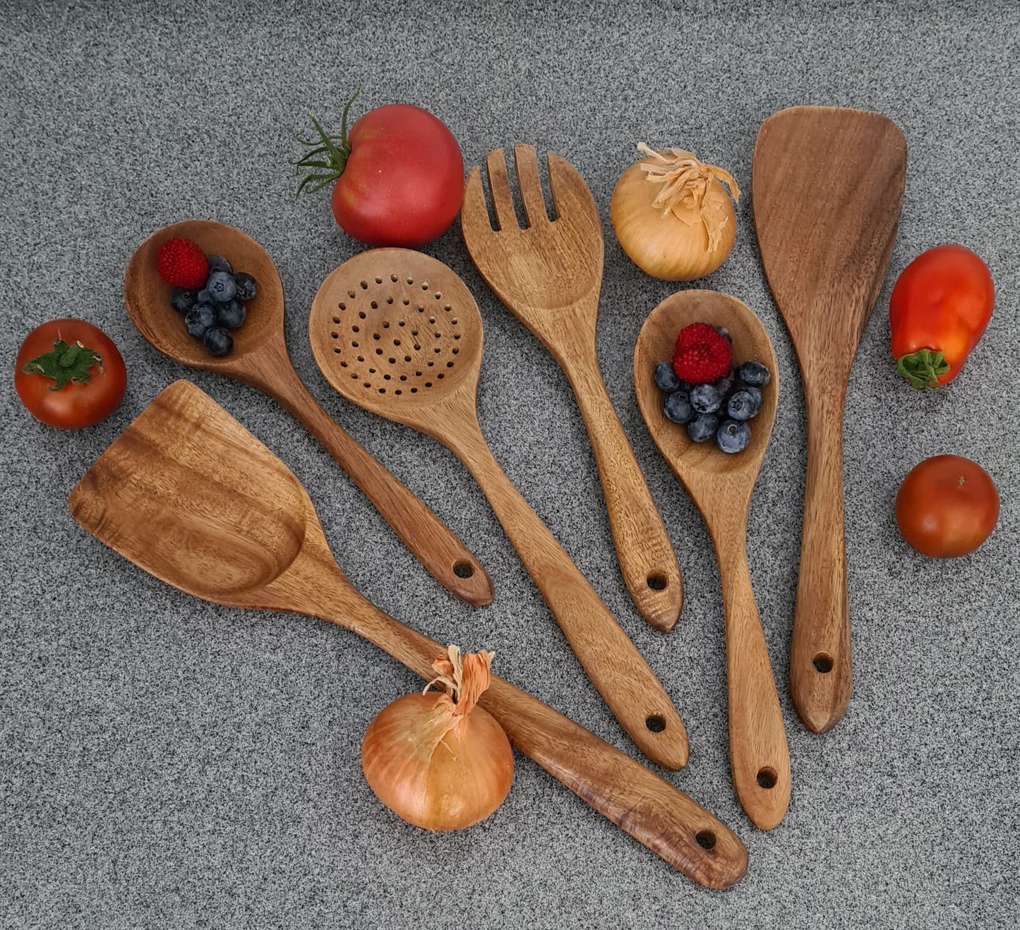 ALEXE® Kitchen Helper Set made of acacia wood, 6 pieces of wooden kitchen utensils set (acacia), Japanese style, scratch-resistant and heat-resistant, wooden cooking spoon set for non-stick pans