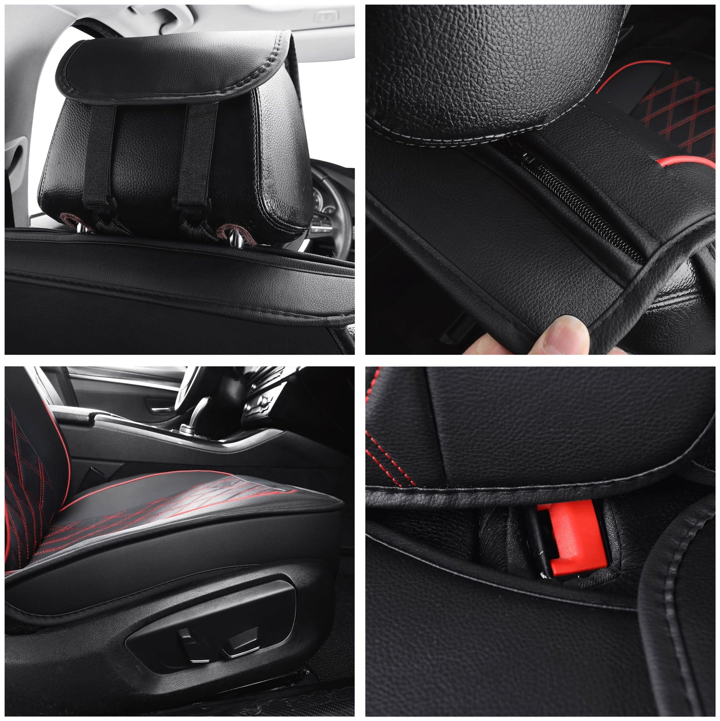 2 pieces of black and red leather car front seat covers with rhombus pattern - Universal fit for most cars - Airbag compatible - Durable faux leather - Easy installation.