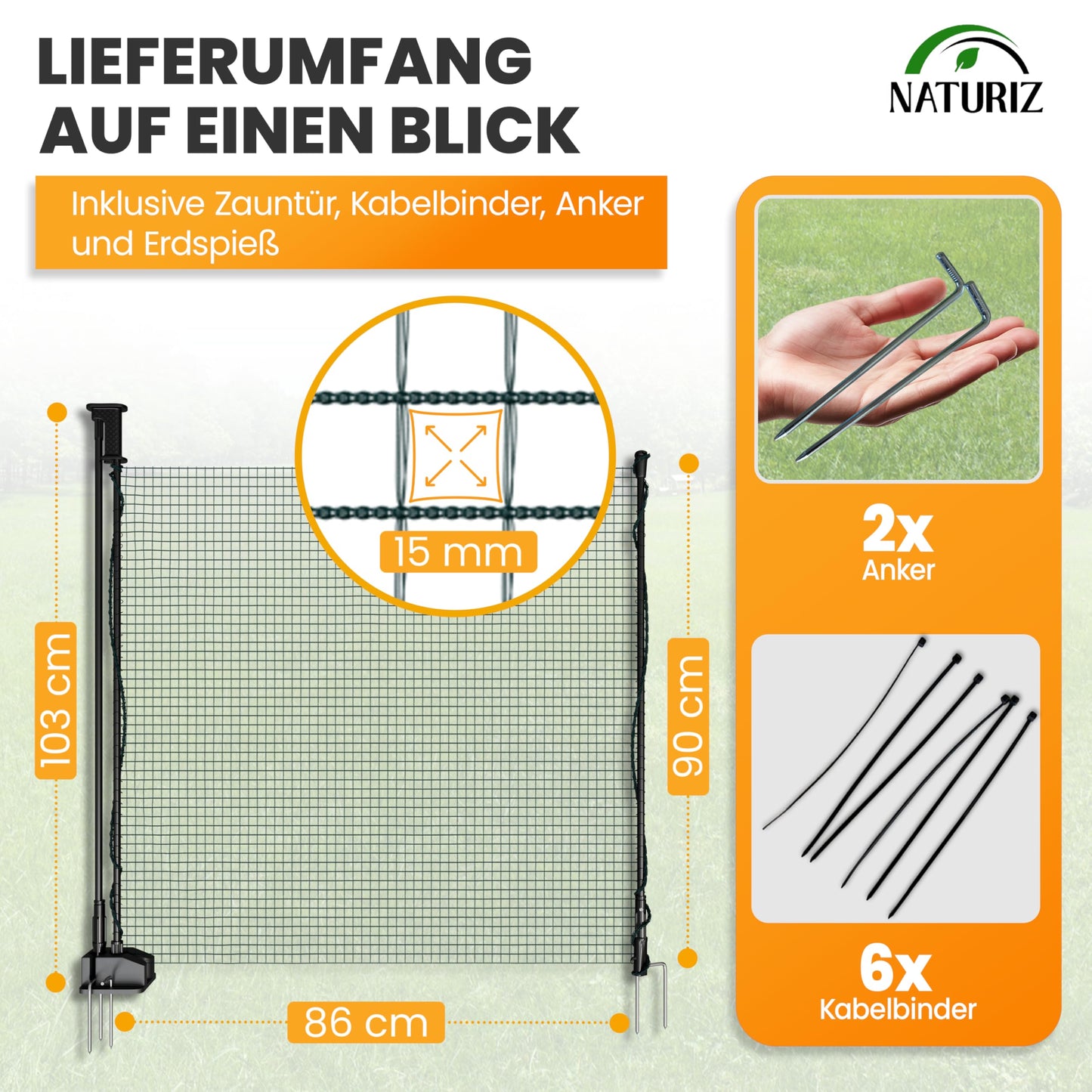 NATURIZ® Electric Fence Gate with One-Hand Opening - mobile gate for camping, garden & pasture - gate with quick set-up & take-down, no electricity.