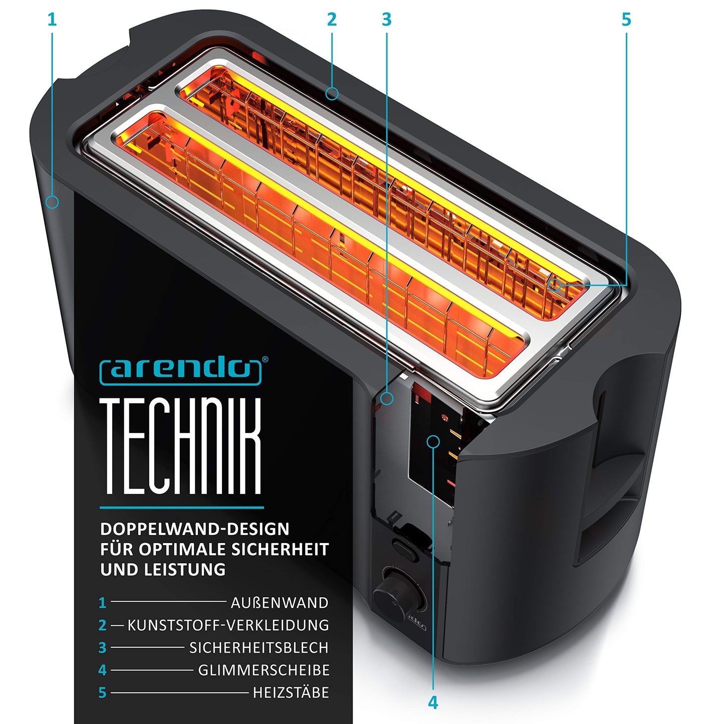 Arendo - Stainless Steel Long Slot 4 Slice Toaster - Defrost Function - heat-insulating housing - with integrated bun rack - crumb tray - display with remaining time indicator - Matt Black