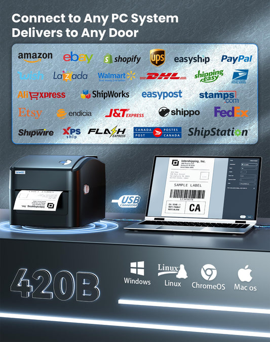 Vretti USB label printer with XXL paper tray - label printer for DHL shipping labels, compatible with Windows/mac/ChromeOS/Linux, 99.99% barcode scan rate, without separate holder.